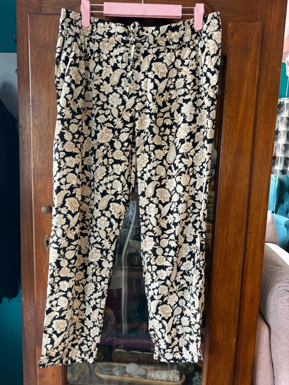 Old Navy Black and Cream Floral Drawstring Pants